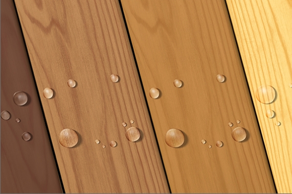 Deck boards show water beading protection on multiple stain colors. 